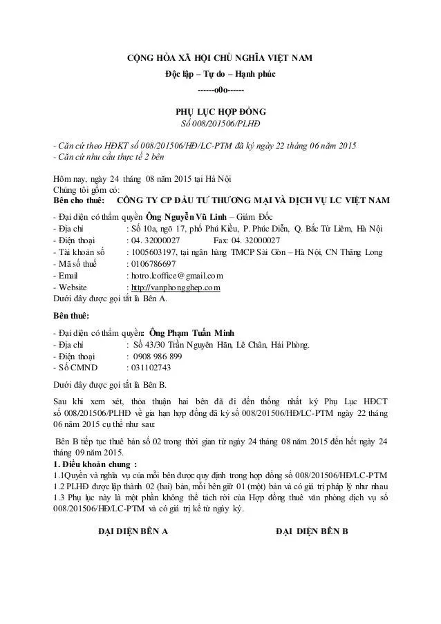 Thông tin các bên và đối tượng hợp đồng